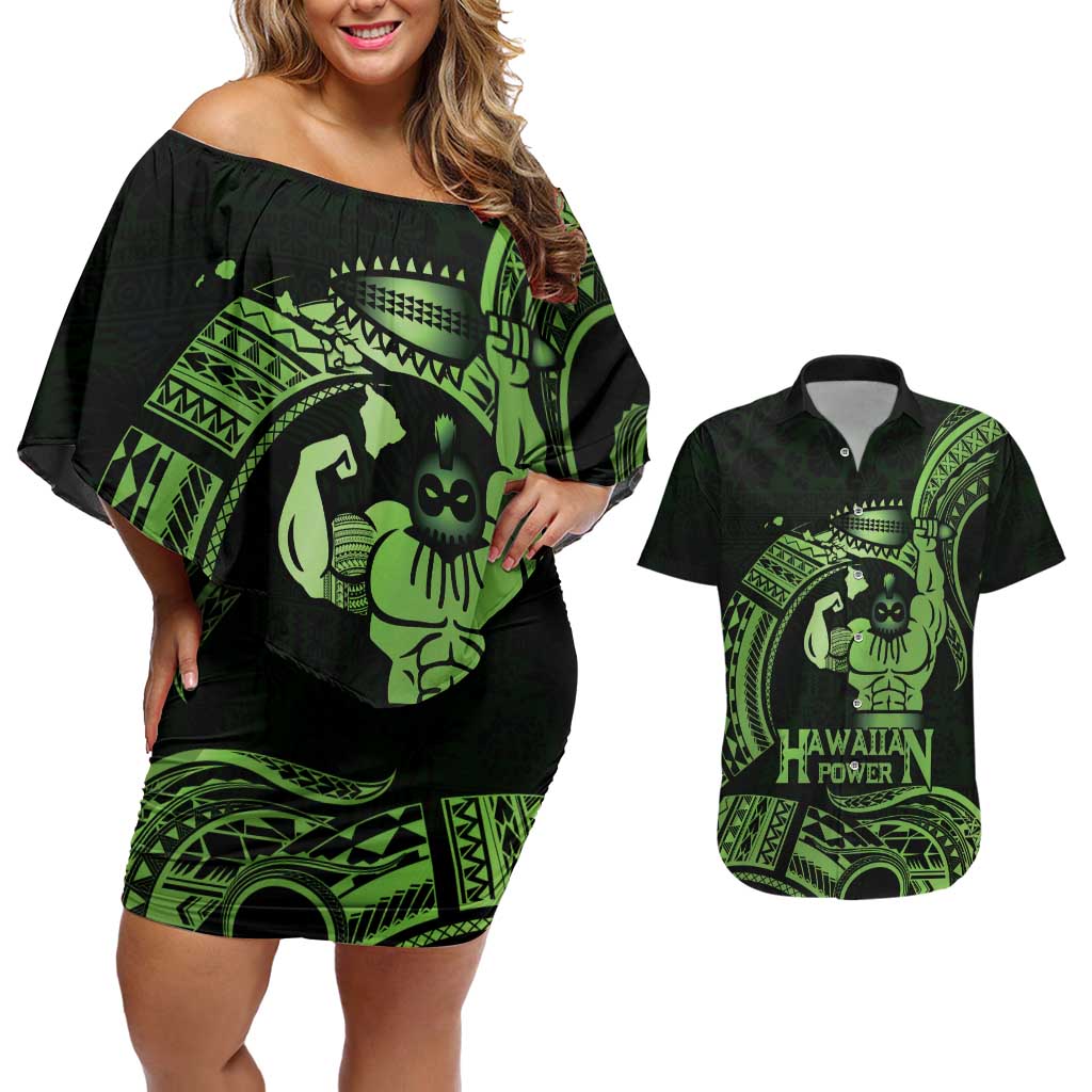 Green Hawaii Ikaika Warrior Couples Matching Off Shoulder Short Dress and Hawaiian Shirt Hawaiian Power