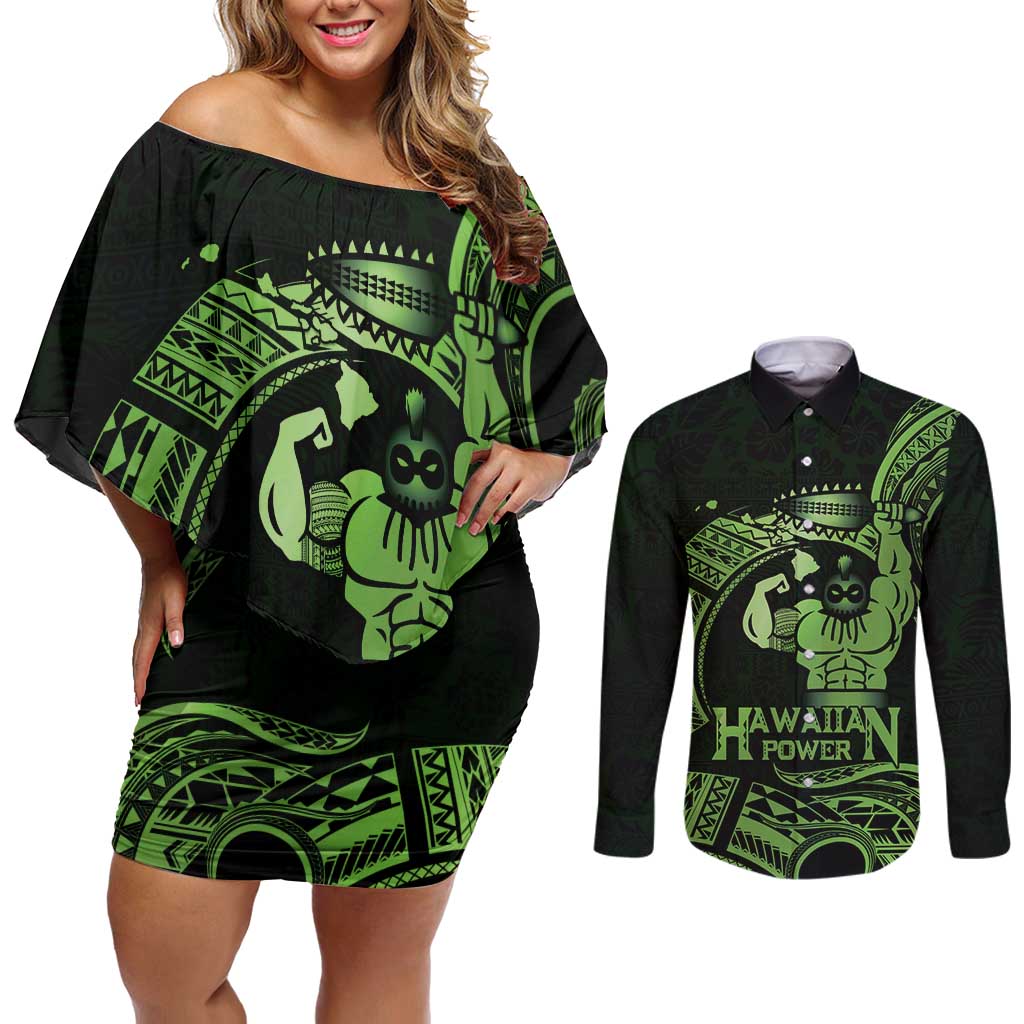 Green Hawaii Ikaika Warrior Couples Matching Off Shoulder Short Dress and Long Sleeve Button Shirt Hawaiian Power