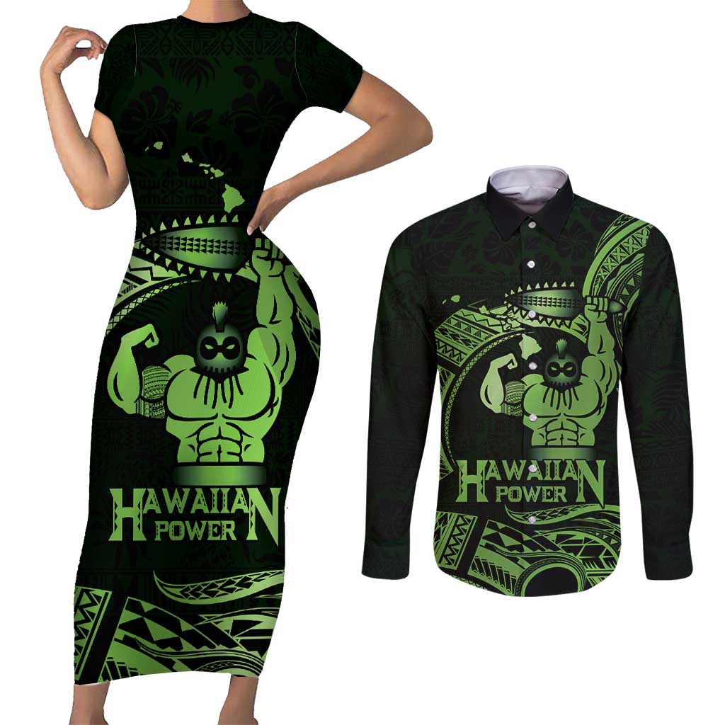 Green Hawaii Ikaika Warrior Couples Matching Short Sleeve Bodycon Dress and Long Sleeve Button Shirt Hawaiian Power