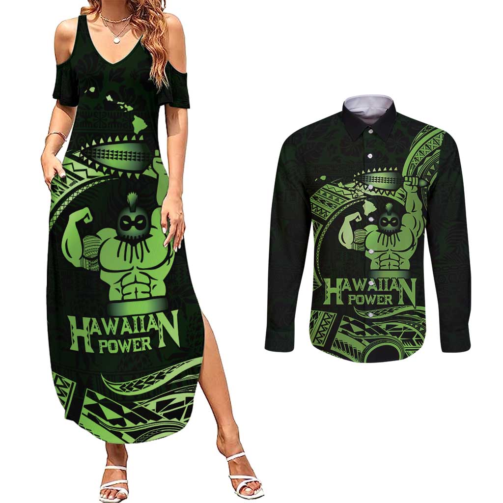 Green Hawaii Ikaika Warrior Couples Matching Summer Maxi Dress and Long Sleeve Button Shirt Hawaiian Power