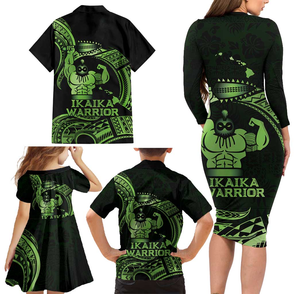 Green Hawaii Ikaika Warrior Family Matching Long Sleeve Bodycon Dress and Hawaiian Shirt Hawaiian Power