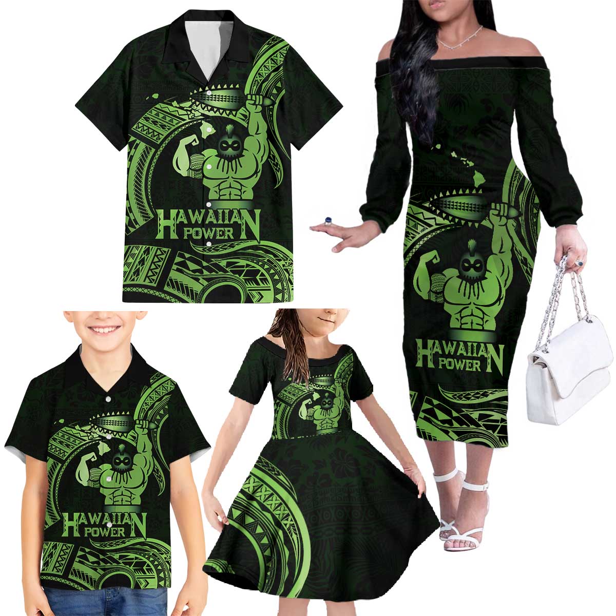 Green Hawaii Ikaika Warrior Family Matching Off The Shoulder Long Sleeve Dress and Hawaiian Shirt Hawaiian Power