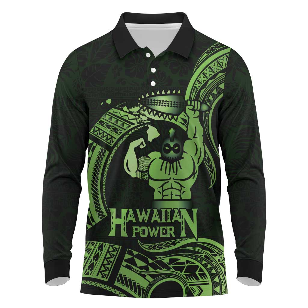 Green Hawaii Ikaika Warrior Long Sleeve Polo Shirt Hawaiian Power