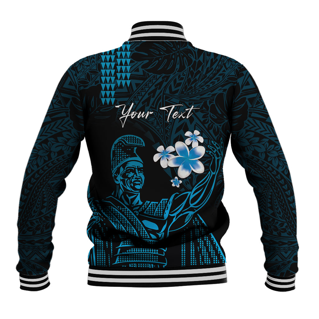 Personalised Hawaii King Kamehameha Day Baseball Jacket Plumeria With Kakau Pattern - Blue