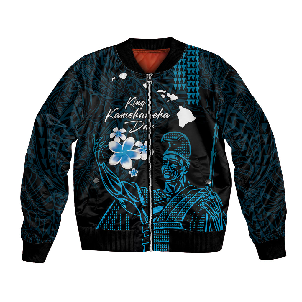 Personalised Hawaii King Kamehameha Day Bomber Jacket Plumeria With Kakau Pattern - Blue