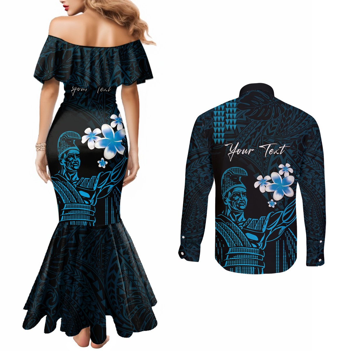 Personalised Hawaii King Kamehameha Day Couples Matching Mermaid Dress and Long Sleeve Button Shirt Plumeria With Kakau Pattern - Blue