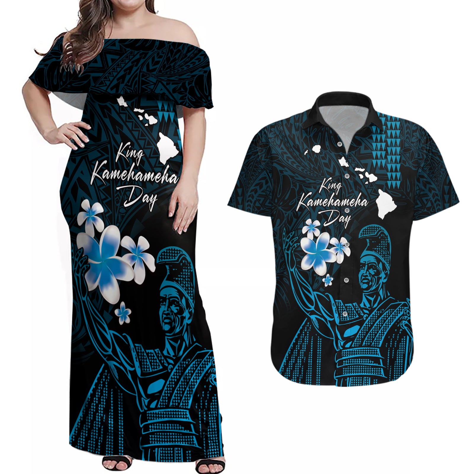 Personalised Hawaii King Kamehameha Day Couples Matching Off Shoulder Maxi Dress and Hawaiian Shirt Plumeria With Kakau Pattern - Blue