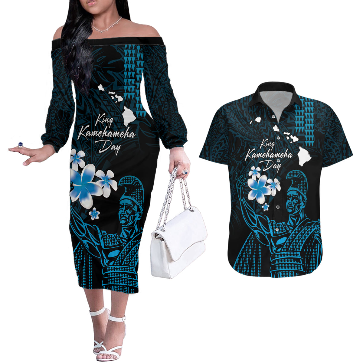 Personalised Hawaii King Kamehameha Day Couples Matching Off The Shoulder Long Sleeve Dress and Hawaiian Shirt Plumeria With Kakau Pattern - Blue