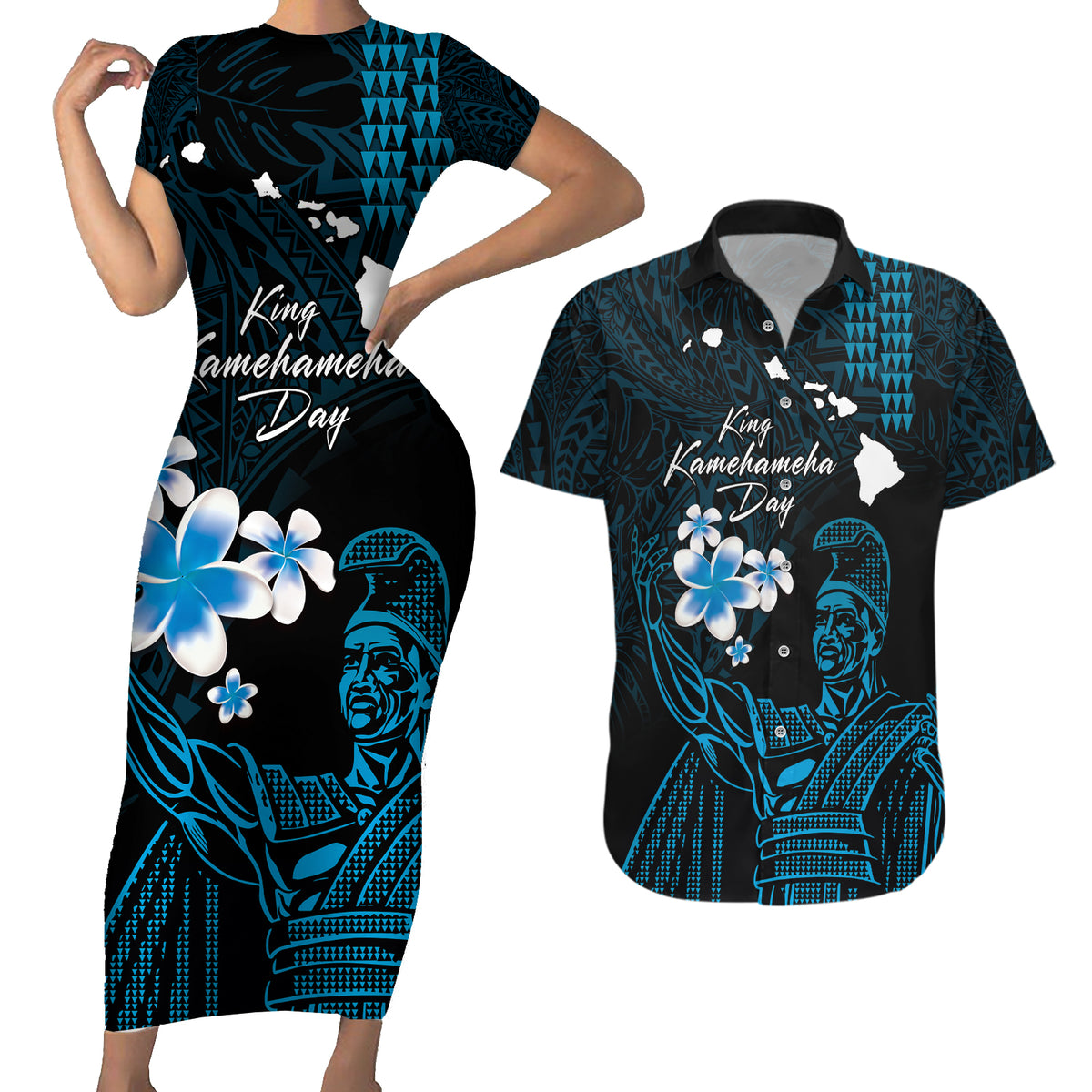 Personalised Hawaii King Kamehameha Day Couples Matching Short Sleeve Bodycon Dress and Hawaiian Shirt Plumeria With Kakau Pattern - Blue LT14 Blue - Polynesian Pride