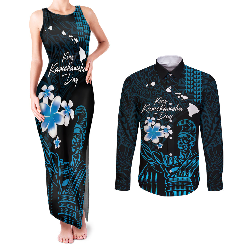 Personalised Hawaii King Kamehameha Day Couples Matching Tank Maxi Dress and Long Sleeve Button Shirt Plumeria With Kakau Pattern - Blue