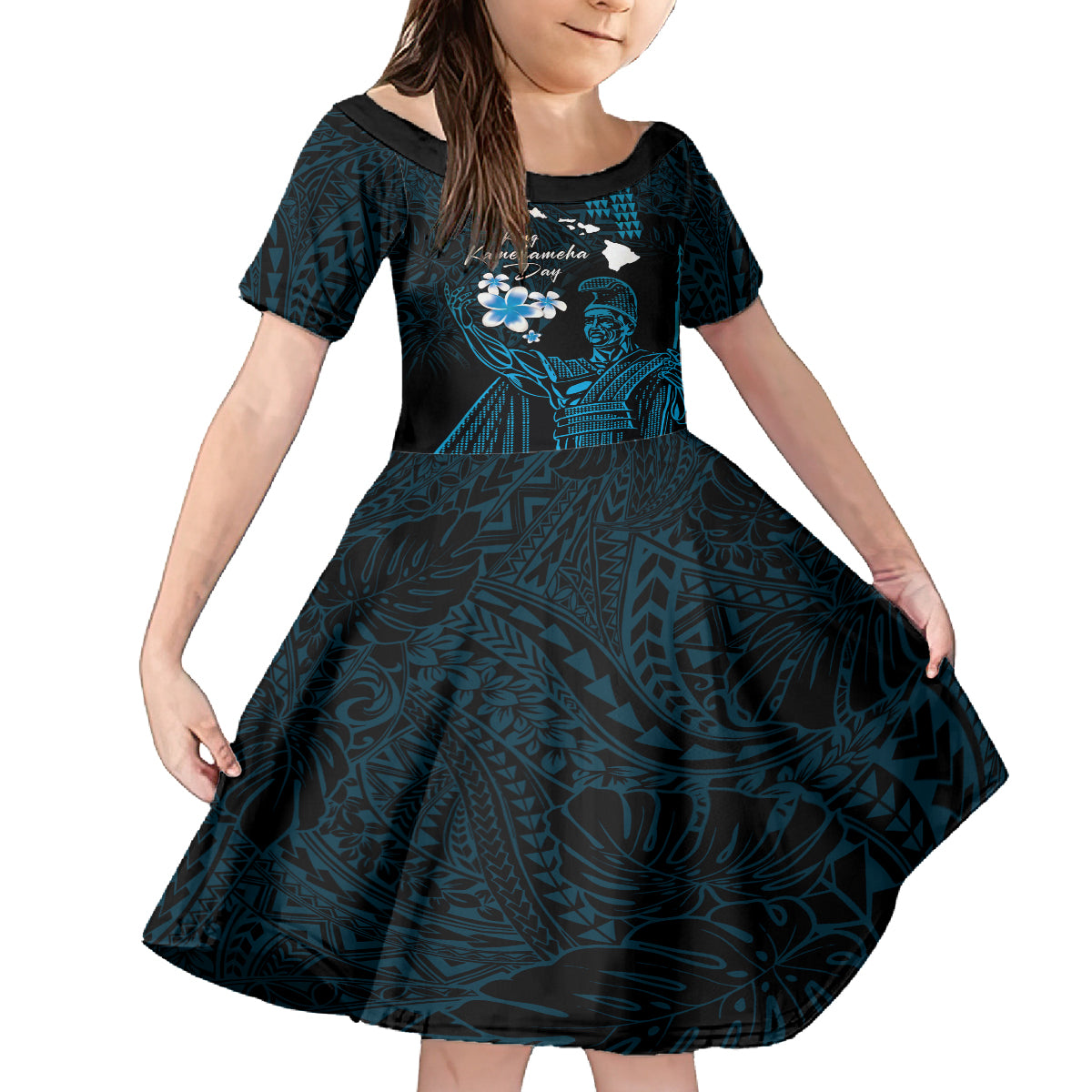 Personalised Hawaii King Kamehameha Day Family Matching Long Sleeve Bodycon Dress and Hawaiian Shirt Plumeria With Kakau Pattern - Blue LT14 Daughter's Dress Blue - Polynesian Pride