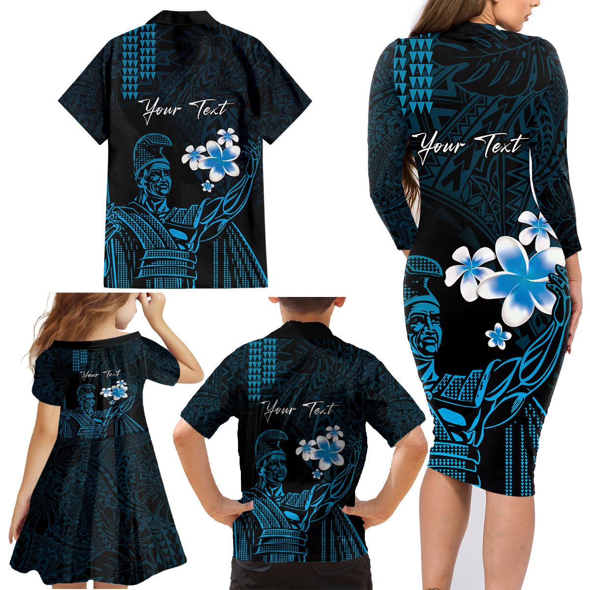 Personalised Hawaii King Kamehameha Day Family Matching Long Sleeve Bodycon Dress and Hawaiian Shirt Plumeria With Kakau Pattern - Blue LT14 - Polynesian Pride