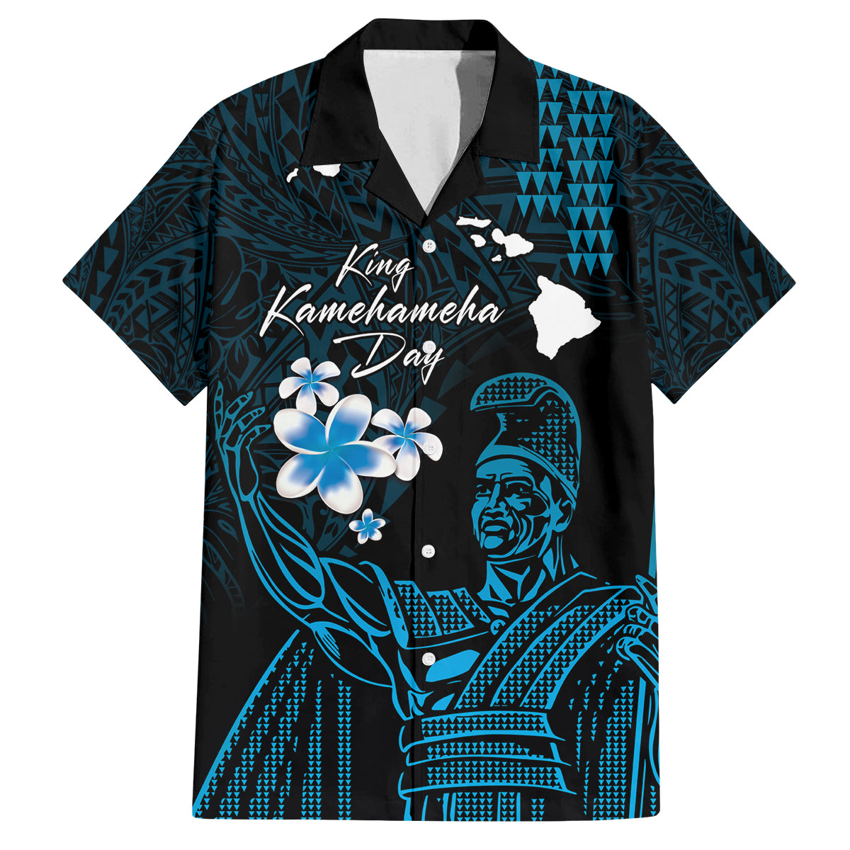 Personalised Hawaii King Kamehameha Day Family Matching Long Sleeve Bodycon Dress and Hawaiian Shirt Plumeria With Kakau Pattern - Blue LT14 Dad's Shirt - Short Sleeve Blue - Polynesian Pride