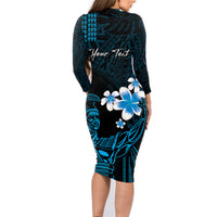 Personalised Hawaii King Kamehameha Day Family Matching Long Sleeve Bodycon Dress and Hawaiian Shirt Plumeria With Kakau Pattern - Blue LT14 - Polynesian Pride