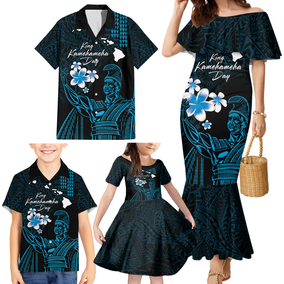Personalised Hawaii King Kamehameha Day Family Matching Mermaid Dress and Hawaiian Shirt Plumeria With Kakau Pattern - Blue LT14 - Polynesian Pride