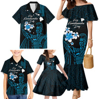 Personalised Hawaii King Kamehameha Day Family Matching Mermaid Dress and Hawaiian Shirt Plumeria With Kakau Pattern - Blue LT14 - Polynesian Pride