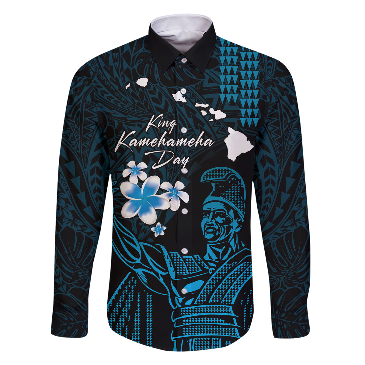 Personalised Hawaii King Kamehameha Day Family Matching Mermaid Dress and Hawaiian Shirt Plumeria With Kakau Pattern - Blue LT14 Dad's Shirt - Long Sleeve Blue - Polynesian Pride