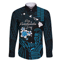 Personalised Hawaii King Kamehameha Day Family Matching Mermaid Dress and Hawaiian Shirt Plumeria With Kakau Pattern - Blue LT14 Dad's Shirt - Long Sleeve Blue - Polynesian Pride