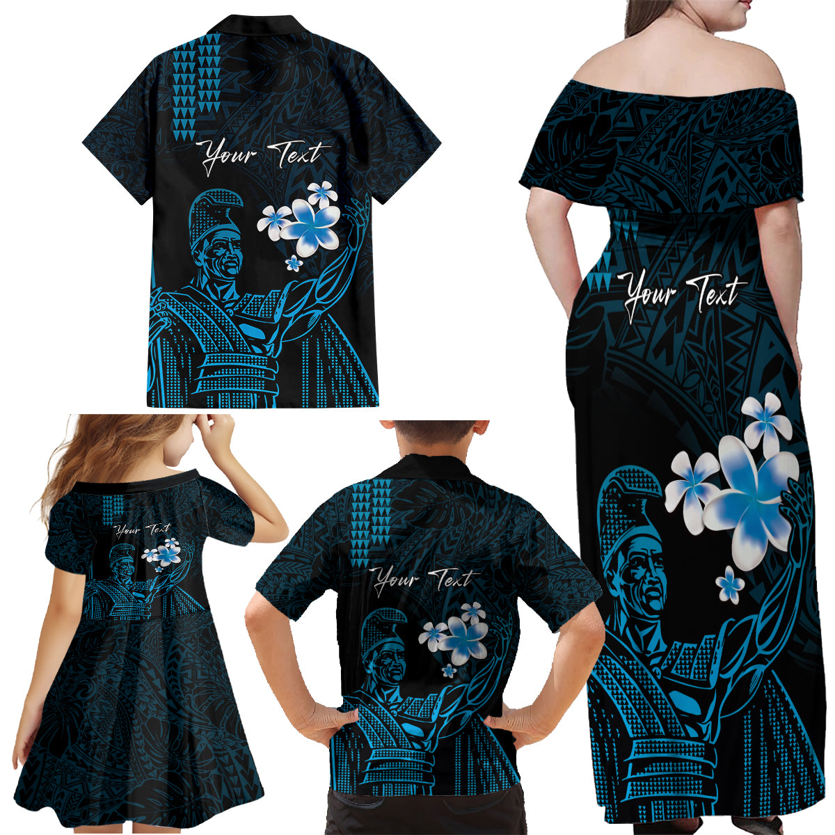 Personalised Hawaii King Kamehameha Day Family Matching Off Shoulder Maxi Dress and Hawaiian Shirt Plumeria With Kakau Pattern - Blue