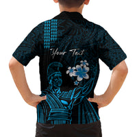 Personalised Hawaii King Kamehameha Day Family Matching Off Shoulder Short Dress and Hawaiian Shirt Plumeria With Kakau Pattern - Blue LT14 - Polynesian Pride