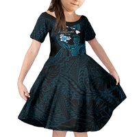 Personalised Hawaii King Kamehameha Day Family Matching Puletasi and Hawaiian Shirt Plumeria With Kakau Pattern - Blue LT14 Daughter's Dress Blue - Polynesian Pride