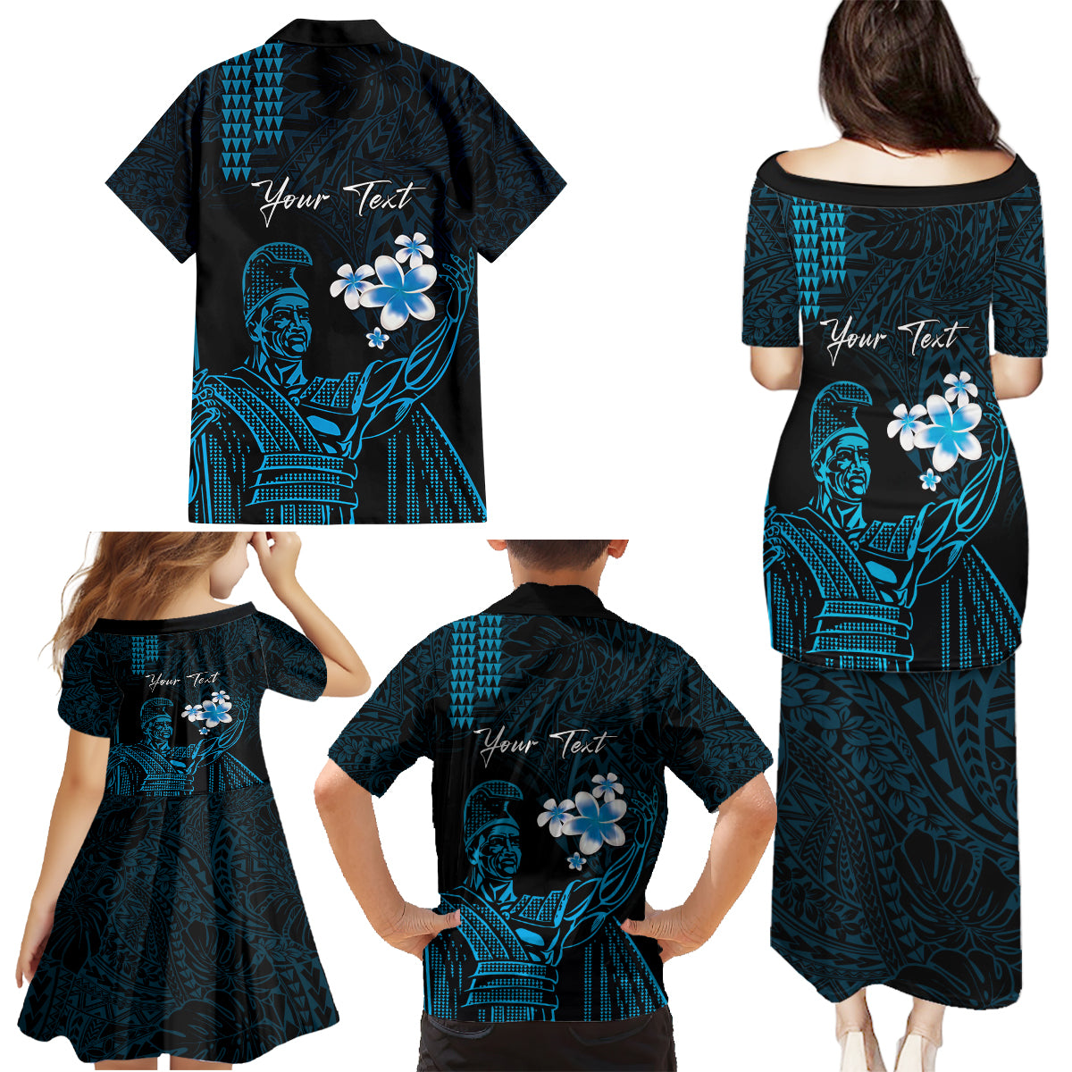 Personalised Hawaii King Kamehameha Day Family Matching Puletasi and Hawaiian Shirt Plumeria With Kakau Pattern - Blue LT14 - Polynesian Pride