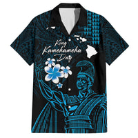 Personalised Hawaii King Kamehameha Day Family Matching Puletasi and Hawaiian Shirt Plumeria With Kakau Pattern - Blue LT14 Dad's Shirt - Short Sleeve Blue - Polynesian Pride
