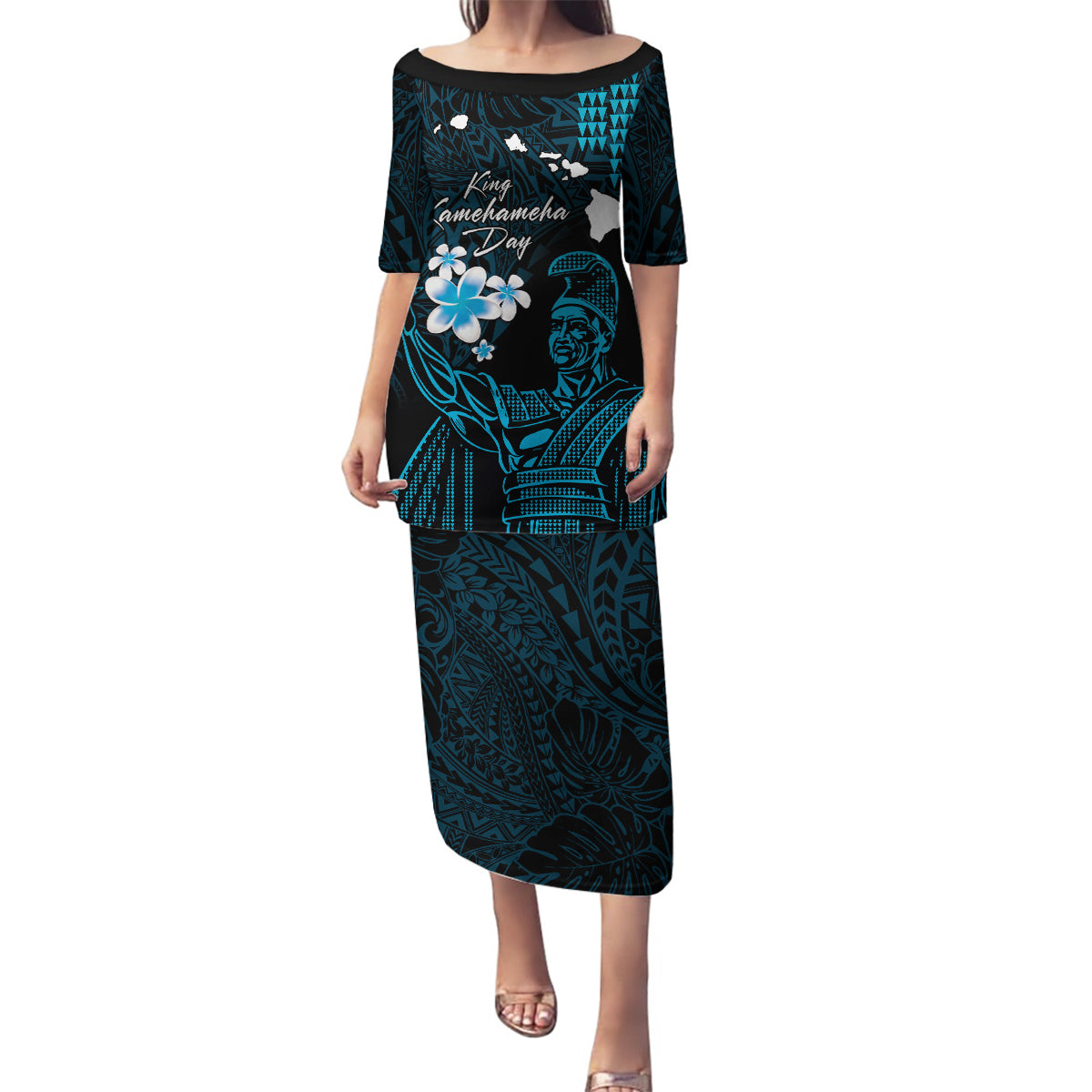 Personalised Hawaii King Kamehameha Day Family Matching Puletasi and Hawaiian Shirt Plumeria With Kakau Pattern - Blue LT14 Mom's Dress Blue - Polynesian Pride