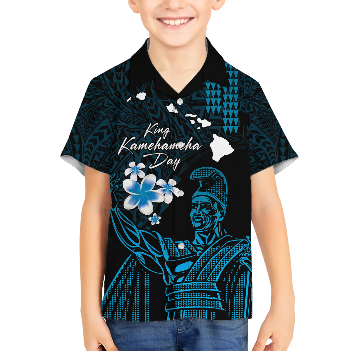 Personalised Hawaii King Kamehameha Day Family Matching Puletasi and Hawaiian Shirt Plumeria With Kakau Pattern - Blue LT14 Son's Shirt Blue - Polynesian Pride