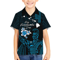 Personalised Hawaii King Kamehameha Day Family Matching Puletasi and Hawaiian Shirt Plumeria With Kakau Pattern - Blue LT14 Son's Shirt Blue - Polynesian Pride