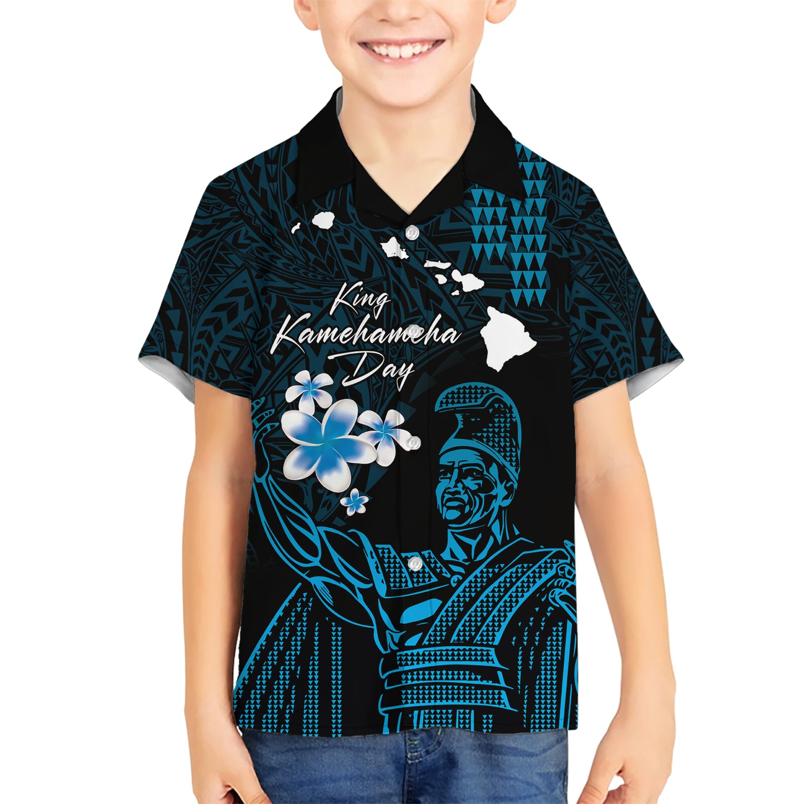 Personalised Hawaii King Kamehameha Day Kid Hawaiian Shirt Plumeria With Kakau Pattern - Blue