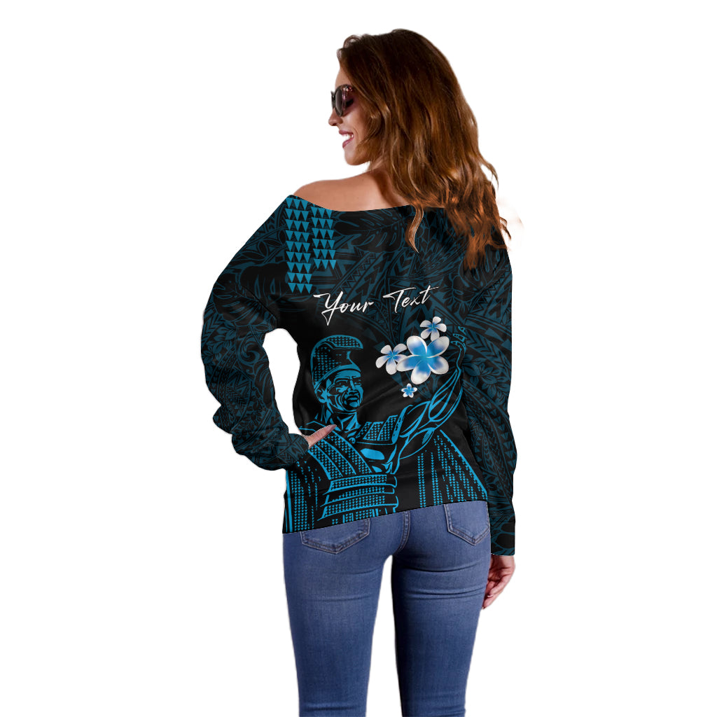 Personalised Hawaii King Kamehameha Day Off Shoulder Sweater Plumeria With Kakau Pattern - Blue