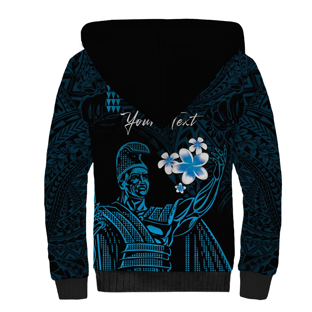 Personalised Hawaii King Kamehameha Day Sherpa Hoodie Plumeria With Kakau Pattern - Blue