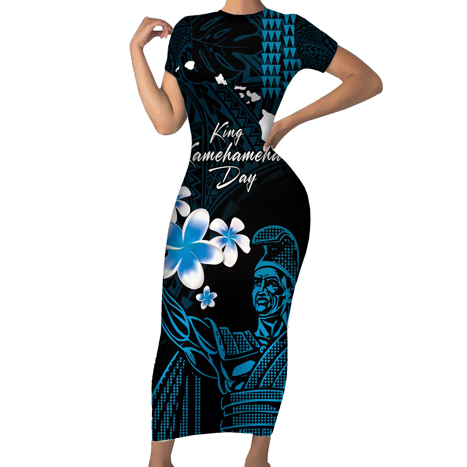 Personalised Hawaii King Kamehameha Day Short Sleeve Bodycon Dress Plumeria With Kakau Pattern - Blue