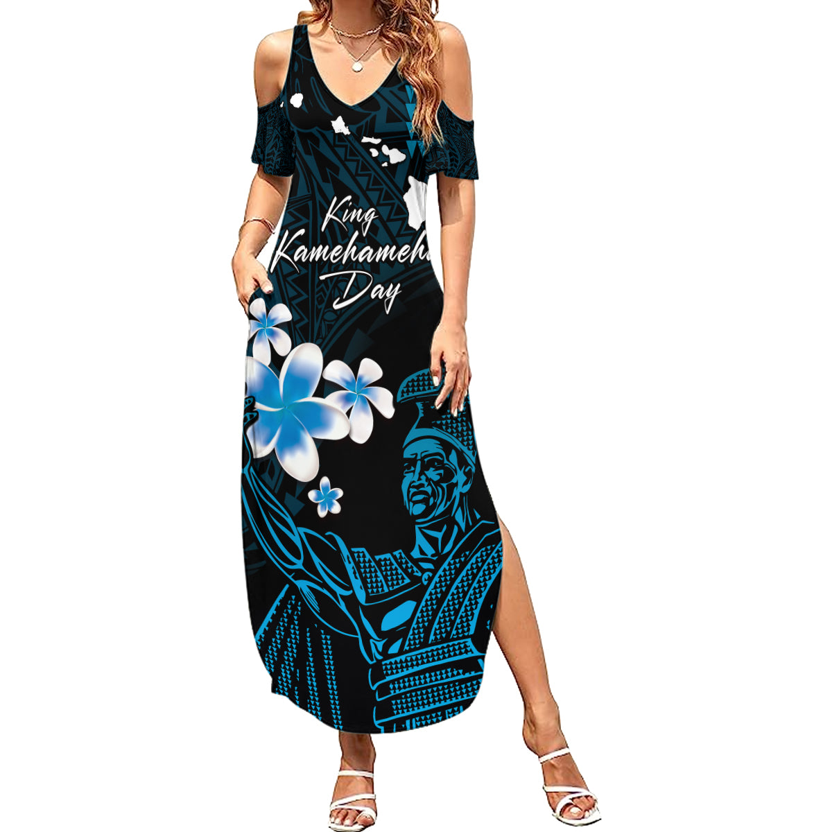 Personalised Hawaii King Kamehameha Day Summer Maxi Dress Plumeria With Kakau Pattern - Blue