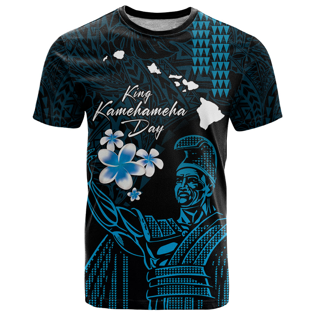 Personalised Hawaii King Kamehameha Day T Shirt Plumeria With Kakau Pattern - Blue