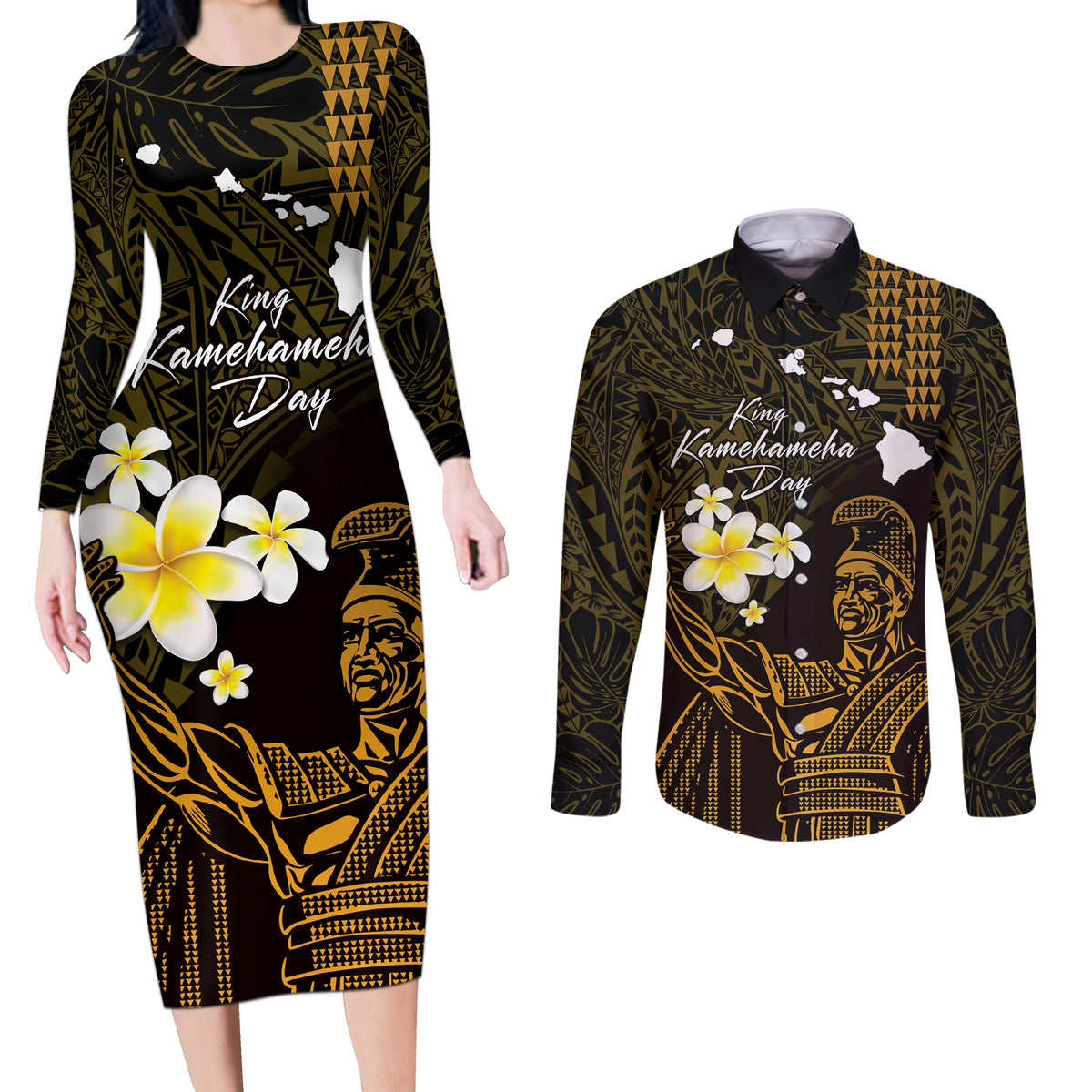 Personalised Hawaii King Kamehameha Day Couples Matching Long Sleeve Bodycon Dress and Long Sleeve Button Shirt Plumeria With Kakau Pattern - Gold LT14 Gold - Polynesian Pride
