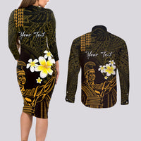 Personalised Hawaii King Kamehameha Day Couples Matching Long Sleeve Bodycon Dress and Long Sleeve Button Shirt Plumeria With Kakau Pattern - Gold LT14 - Polynesian Pride