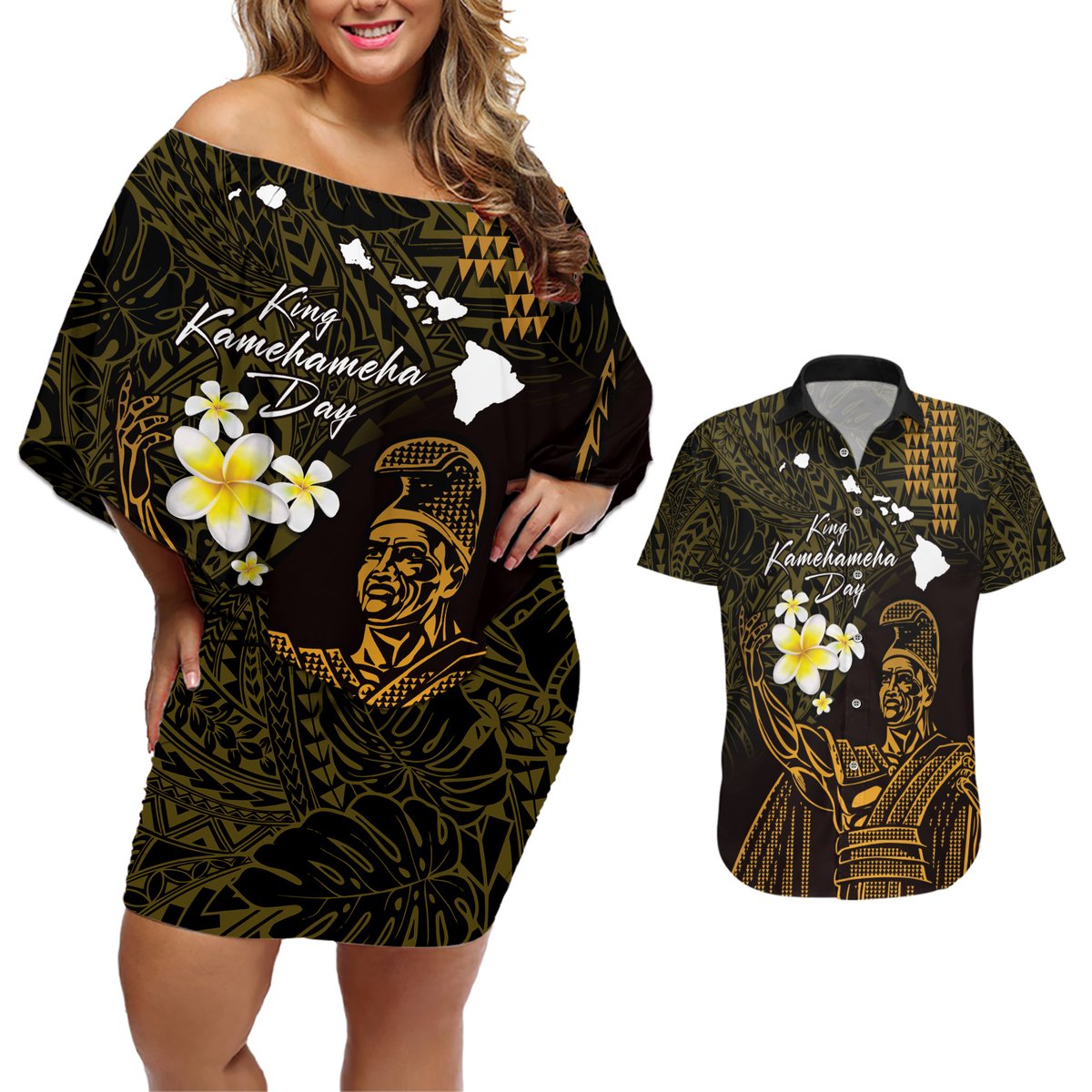 Personalised Hawaii King Kamehameha Day Couples Matching Off Shoulder Short Dress and Hawaiian Shirt Plumeria With Kakau Pattern - Gold LT14 Gold - Polynesian Pride