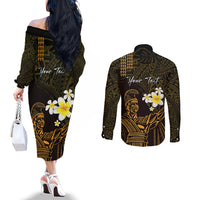 Personalised Hawaii King Kamehameha Day Couples Matching Off The Shoulder Long Sleeve Dress and Long Sleeve Button Shirt Plumeria With Kakau Pattern - Gold LT14 - Polynesian Pride