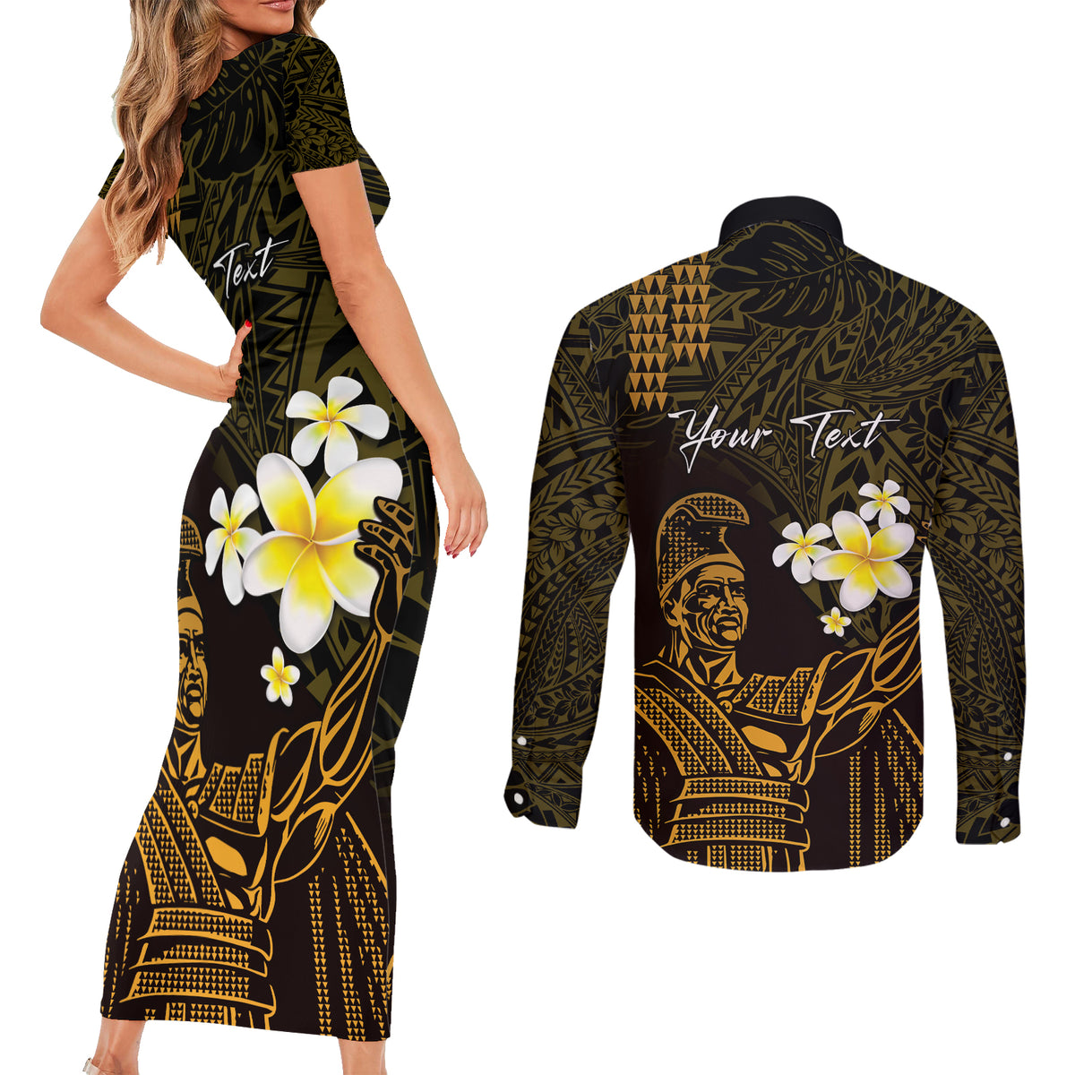 Personalised Hawaii King Kamehameha Day Couples Matching Short Sleeve Bodycon Dress and Long Sleeve Button Shirt Plumeria With Kakau Pattern - Gold LT14 - Polynesian Pride