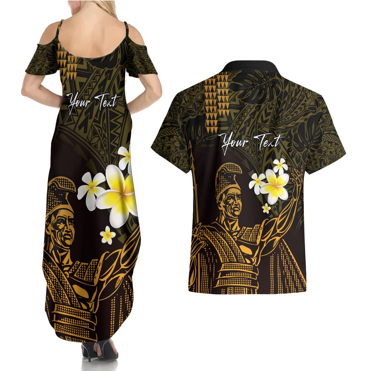 Personalised Hawaii King Kamehameha Day Couples Matching Summer Maxi Dress and Hawaiian Shirt Plumeria With Kakau Pattern - Gold LT14 - Polynesian Pride