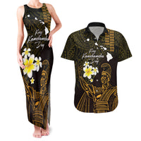 Personalised Hawaii King Kamehameha Day Couples Matching Tank Maxi Dress and Hawaiian Shirt Plumeria With Kakau Pattern - Gold LT14 Gold - Polynesian Pride