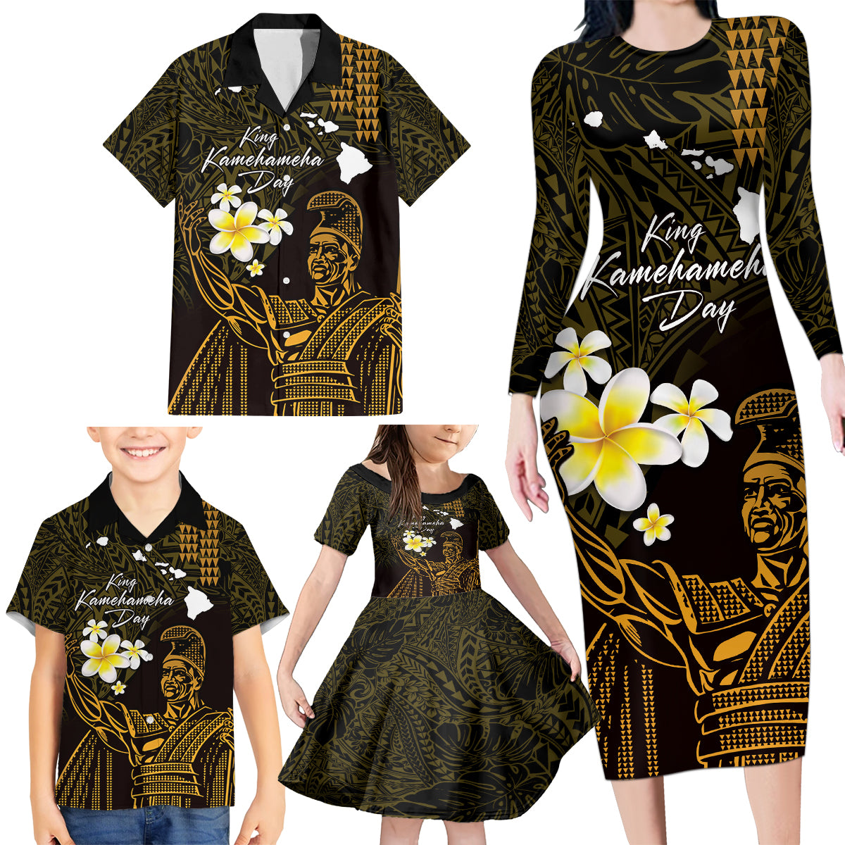 Personalised Hawaii King Kamehameha Day Family Matching Long Sleeve Bodycon Dress and Hawaiian Shirt Plumeria With Kakau Pattern - Gold LT14 - Polynesian Pride