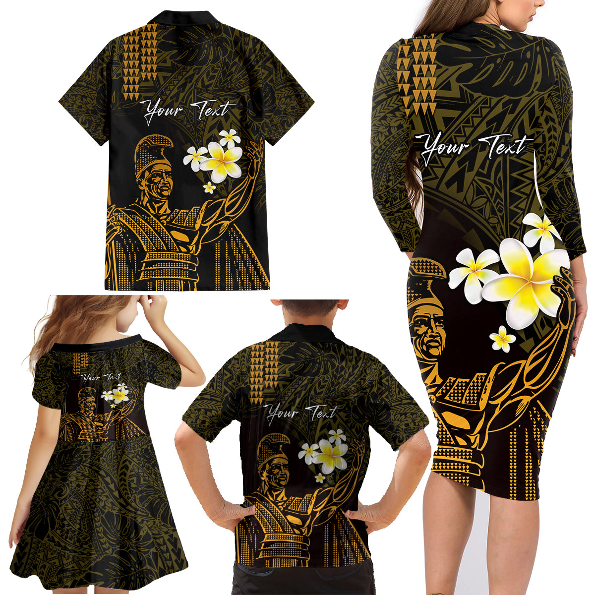 Personalised Hawaii King Kamehameha Day Family Matching Long Sleeve Bodycon Dress and Hawaiian Shirt Plumeria With Kakau Pattern - Gold LT14 - Polynesian Pride