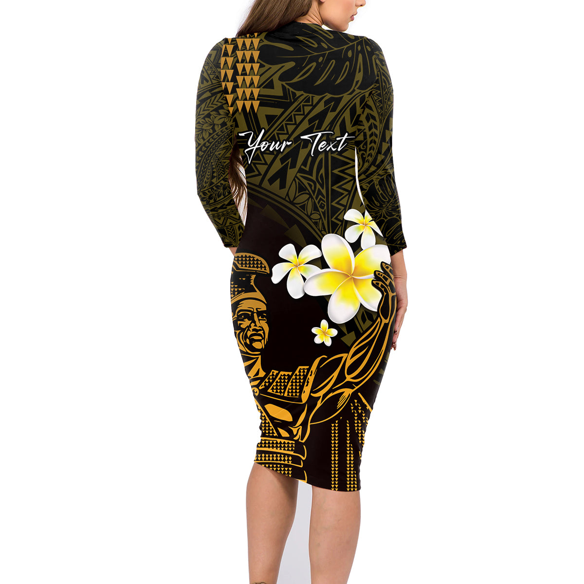 Personalised Hawaii King Kamehameha Day Family Matching Long Sleeve Bodycon Dress and Hawaiian Shirt Plumeria With Kakau Pattern - Gold LT14 - Polynesian Pride
