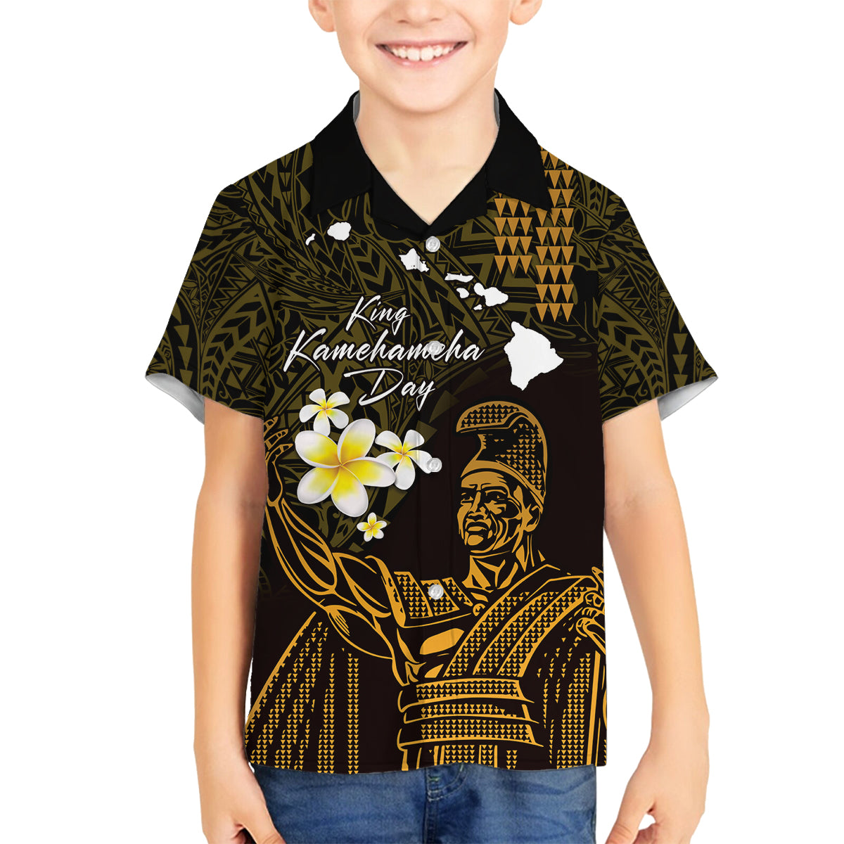 Personalised Hawaii King Kamehameha Day Family Matching Long Sleeve Bodycon Dress and Hawaiian Shirt Plumeria With Kakau Pattern - Gold LT14 Son's Shirt Gold - Polynesian Pride
