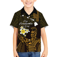 Personalised Hawaii King Kamehameha Day Family Matching Long Sleeve Bodycon Dress and Hawaiian Shirt Plumeria With Kakau Pattern - Gold LT14 Son's Shirt Gold - Polynesian Pride
