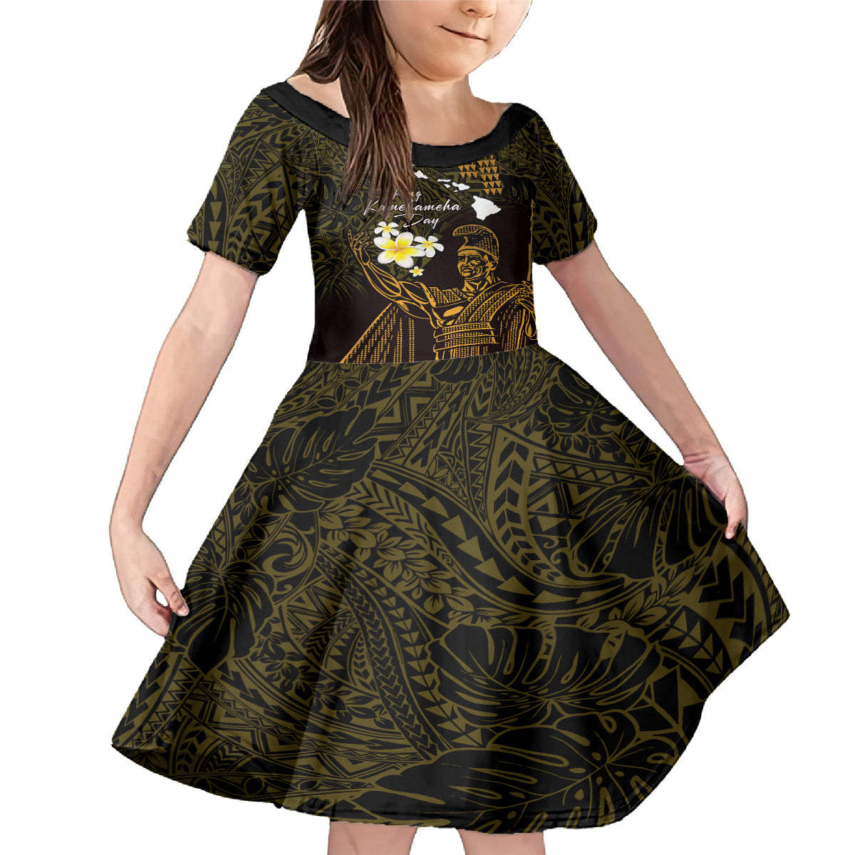 Personalised Hawaii King Kamehameha Day Family Matching Mermaid Dress and Hawaiian Shirt Plumeria With Kakau Pattern - Gold LT14 Daughter's Dress Gold - Polynesian Pride