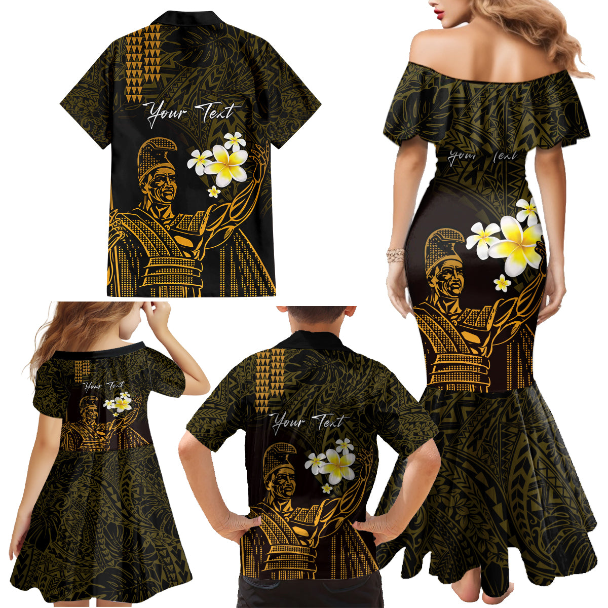 Personalised Hawaii King Kamehameha Day Family Matching Mermaid Dress and Hawaiian Shirt Plumeria With Kakau Pattern - Gold LT14 - Polynesian Pride